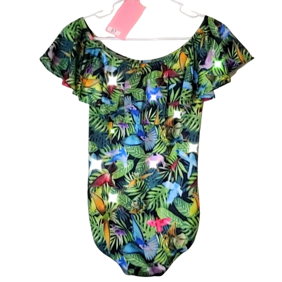 Custom made off shoulder ruffle bodysuit bird jungle print, medium - Picture 2 of 3